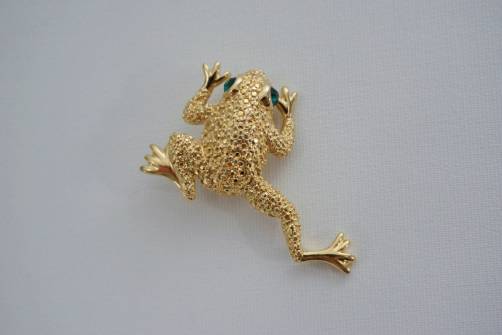 Napier Frog brooch pin, gold gilt & green rhinestones, 1960`s ca, American